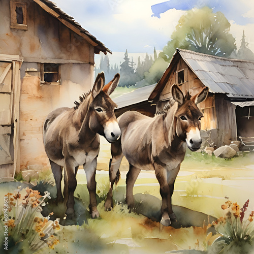 Watercolor donkey  generative ai