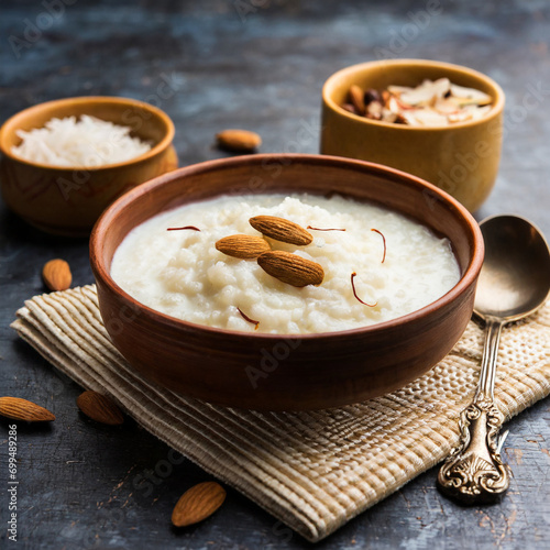 rice kheer or firni or chawal ki khir is a pudding from indian subcontinent, made by boiling milk ,sugar and rice. served in a bowl photo