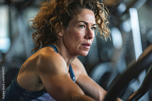 Strong muscular woman in her 40s exercising in a gym on a bike, looking serious and focused, closeup, healthy lifestyle, keeping fit.