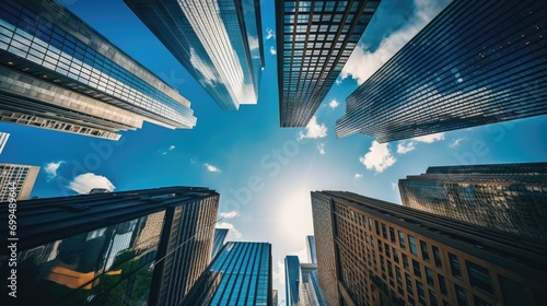 A wallpaper dekstop background photo of a modern office buildings skyscrapers taken from below with blue cloudy sky in the back