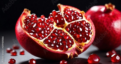 A close-up of a vibrant pomegranate, split open to expose the jewel-like seeds and ruby-red arils. hyper-realistic, lifelike, ultra-detailed, wide-angle lens -Generative Ai