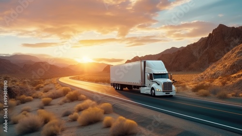 A white cargo truck with a white blank empty trailer for ad on a highway road in the united states. beautiful nature mountains and sky. golden hour sunset. driving in motion