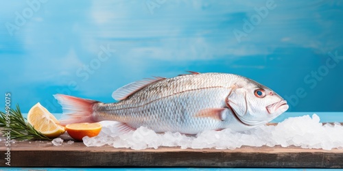 Fresh fish on a board, in the style of drugcore, spot metering, streaked, nusch Ã©luard copy space  photo