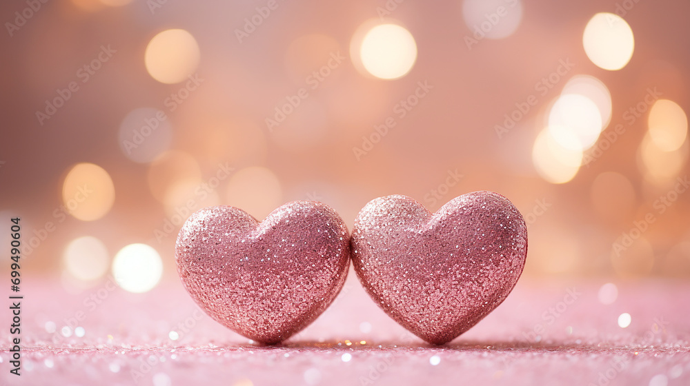 Sparkling hearts shape on the pink glitter with bokeh light background. Generative AI Sparkling hearts shape on the pink glitter with bokeh light background. Generative AI