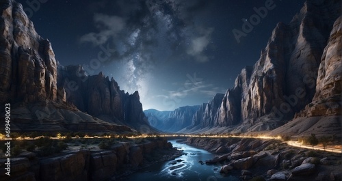 A moonlit canyon with winding rivers and towering cliffs, capturing the grandeur of the natural landscape under the night sky. hyper-realistic, lifelike, ultra-detailed, Wide-angle lens -Generative Ai