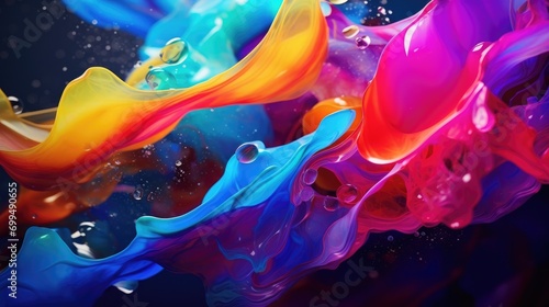 Abstract colorful floating liquid splash for a holiday celebration. shiny rainbow lights. wallpaper background for ads or gifts wrap web design. viscous thick and creamy