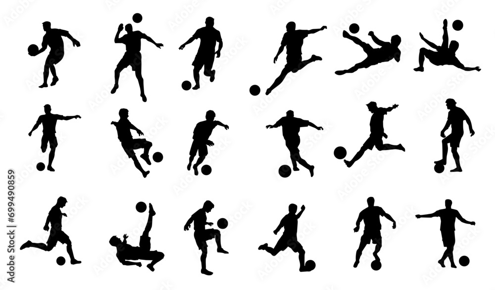 Silhouette collection of male soccer player kicking a ball. Silhouette group of football player in action pose. - obrazy, fototapety, plakaty 