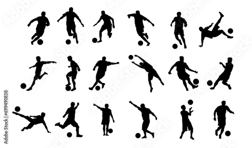 Silhouette collection of male soccer player kicking a ball. Silhouette group of football player in action pose.