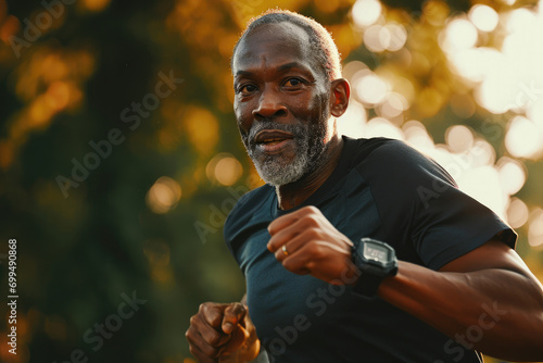 African American Senior man running in a park for health, wellness and outdoor exercise. Nature, sports and male athlete runner doing cardio workout in garden. Healthy Concept.