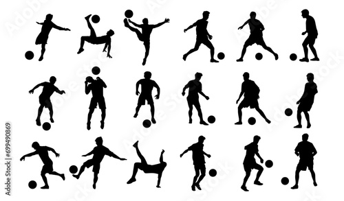 Silhouette collection of male soccer player kicking a ball. Silhouette group of football player in action pose.
