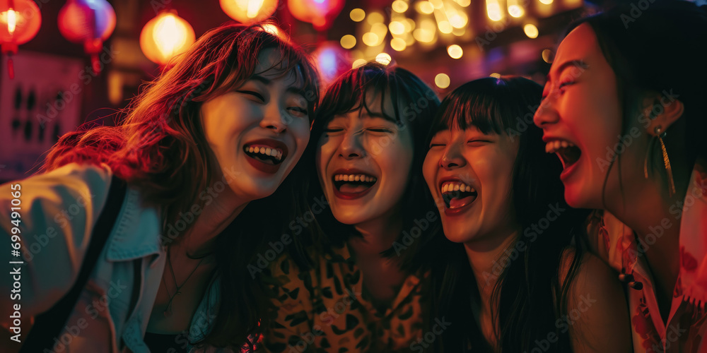 Group of asian women friends has a great time at the nightclub in the summertime. Clubbing, fun, and parties during the summer concept.