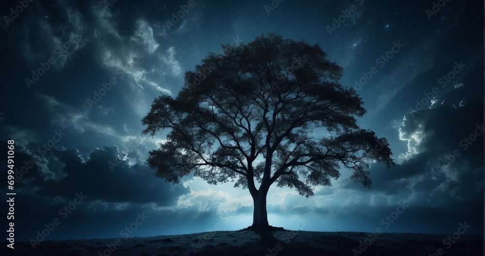 A solitary tree silhouette against a sea of cumulus clouds illuminated by the gentle glow of the moon on a tranquil night. hyper-realistic, lifelike, ultra-detailed, Wide-angle lens -Generative Ai A solitary tree silhouette against a sea of cumulus clouds illuminated by the gentle glow of the moon on a tranquil night. hyper-realistic, lifelike, ultra-detailed, Wide-angle lens -Generative Ai