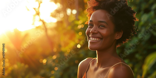 Portrait relaxed african american beautiful young woman happy in the field sunlight, wellness lifestyle concept