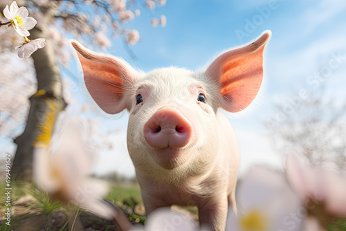 Close up portrait of a cute playful pig