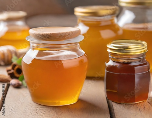 Various jars with honey on wooden table