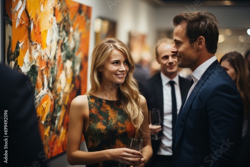 Group of philanthropists discussing their contributions at an art auction to support underprivileged artists, Generative AI
