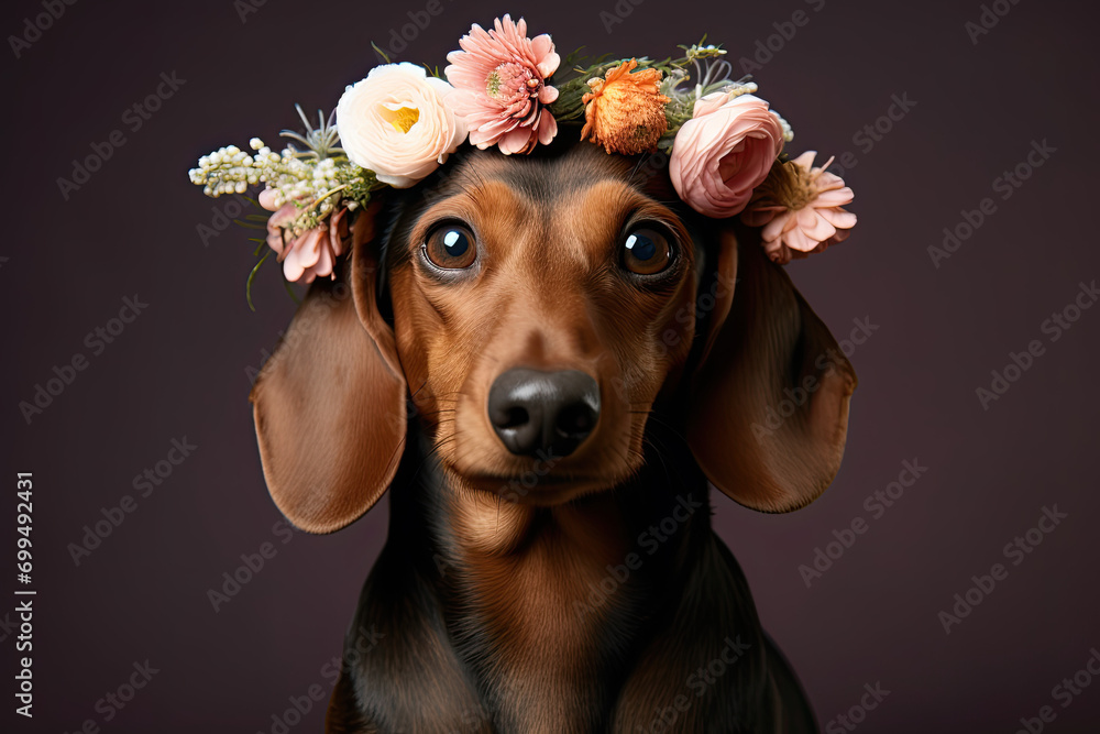 Beautiful  dachshund dog with floral wreath, Spring dog portrait 