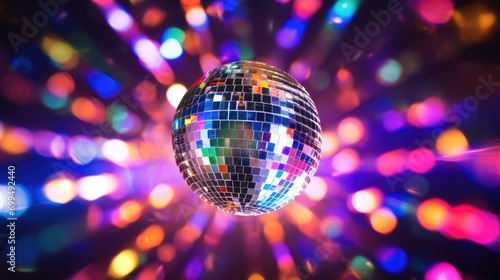 Disco ball sphere with colorful disco lights at a party. abstract wallpaper background