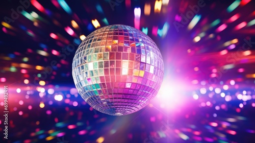 Disco ball sphere with colorful disco lights at a party. abstract wallpaper background