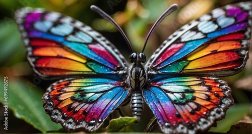 Macro view capturing the intricate details of a rainbow butterfly's antennae and compound eyes hyper-realistic, lifelike, ultra-detailed, Wide-angle lens -Generative Ai © Online Jack Oliver
