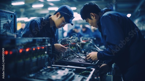 Photo of asian workers working at technology production factory with industrial machines and cables building electronic smartphones photo