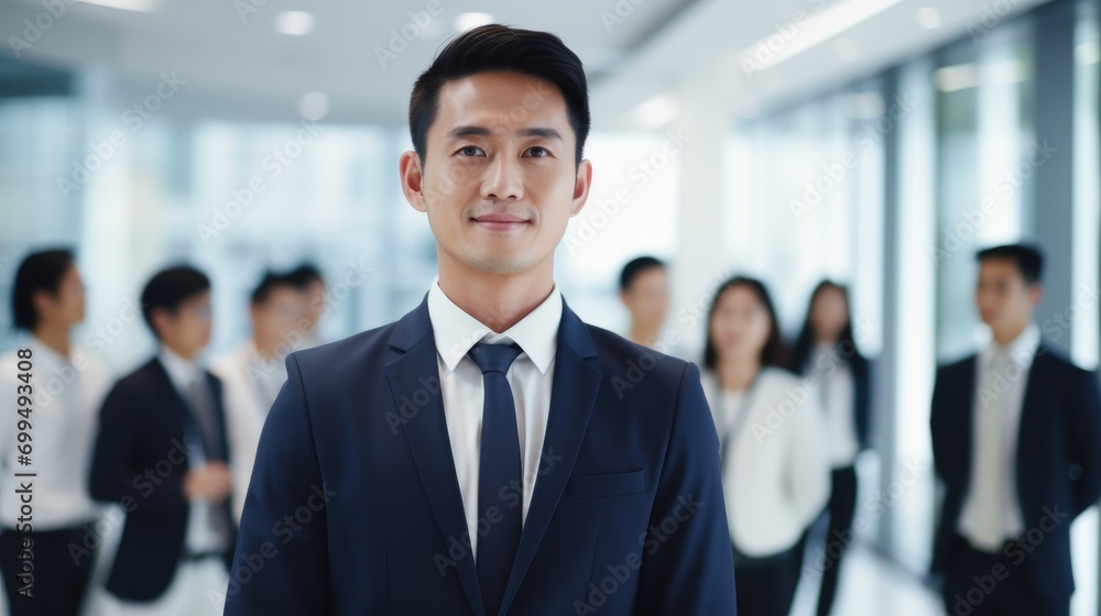 Portrait of a handsome smiling asian businessman boss in a suit standing in his modern business company office. his workers standing in the blurry background Portrait of a handsome smiling asian businessman boss in a suit standing in his modern business company office. his workers standing in the blurry background