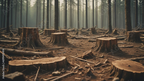 AI generated illustration of a forest landscape with abundant wooden stumps scattered throughout photo