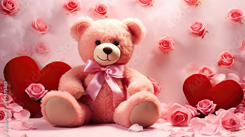Cute bear toy with a pink pow and pink hearts around, valentine's Day banner 