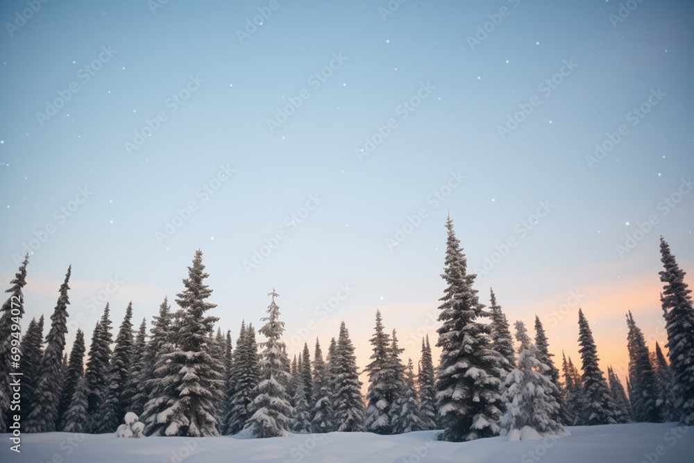 snow-covered pine trees under a star-filled sky