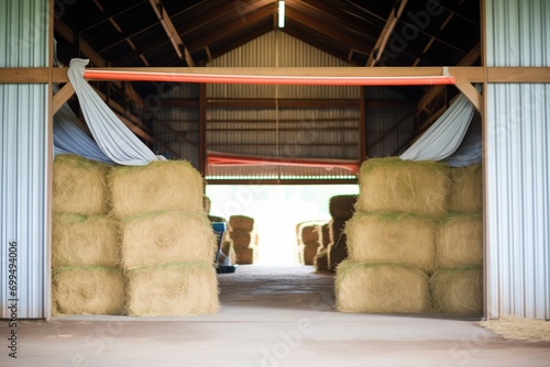 haystacks neatly stacked in an open shed