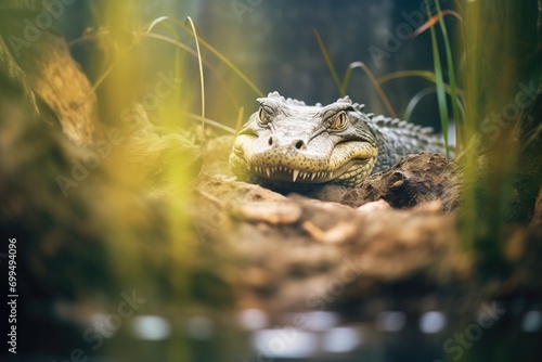 crocodile hiding in swamp underbrush