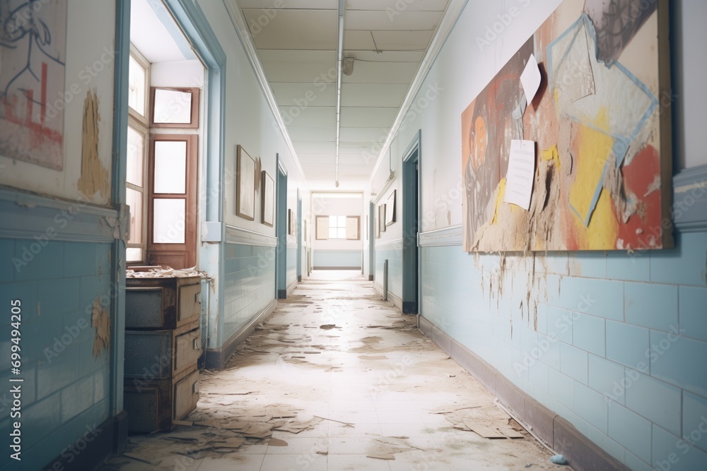 discolored painting of an abandoned asylum hallway
