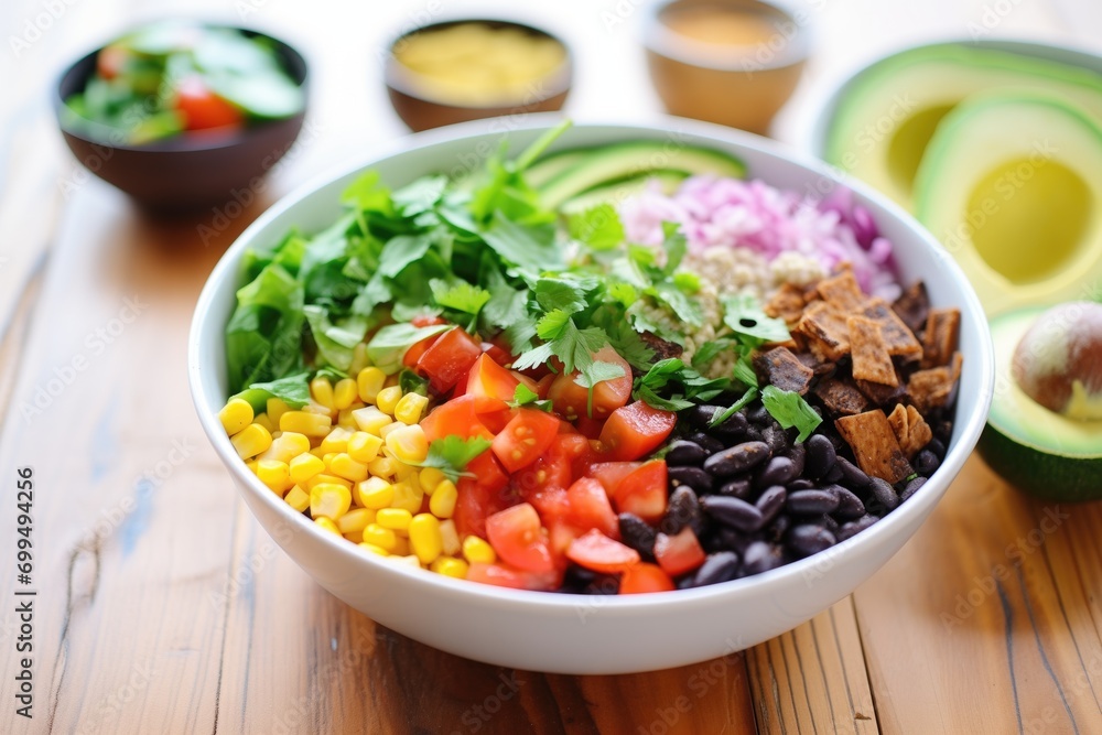 building a burrito bowl with fresh ingredients building a burrito bowl with fresh ingredients