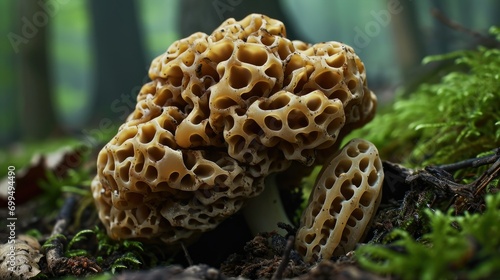 Close-up stock image of a hyper-realistic morel mushroom. Light brown, sponge-like cap with honeycomb-like texture. Edible delicacy, perfect for gourmet cooking. Autumn foraging in organic forest.