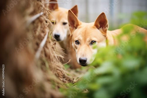 dingoes hiding behind vegetation, ready to pounce