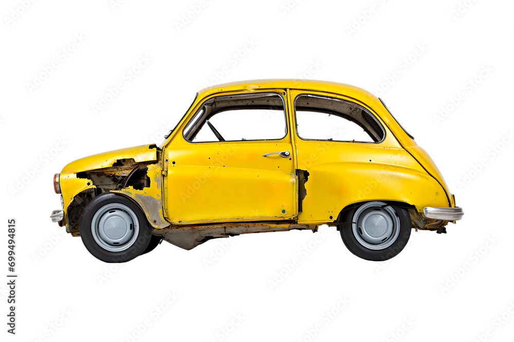Side view of a Microcar: Lemon yellow dents from the accident isolated on transparent background.