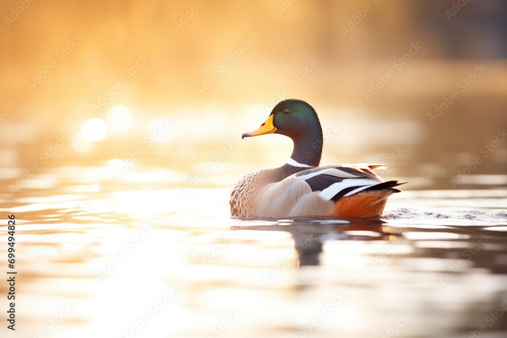 Fototapeta premium duck silhouette on still water with sun flare