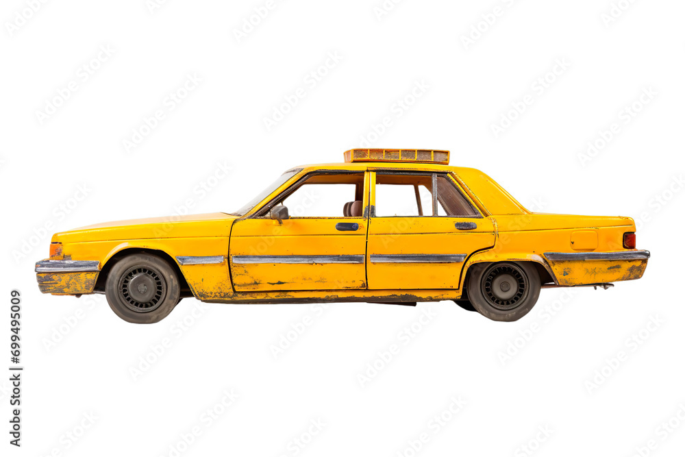 Side view of a Taxi: Bright yellow dents from the accident isolated on transparent background.