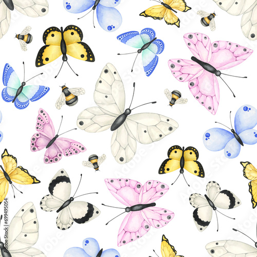 Seamless pattern of delicate spring butterflies on a transparent background. Endless pattern of watercolor butterflies. Spring background. Summer wallpaper © Катерина Тышковская
