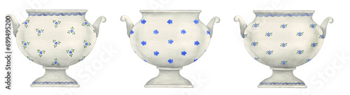 Watercolor set of vintage tureens. White porcelain dishes with simple floral designs. Retro kitchen utensils. Isolated illustrations on white background