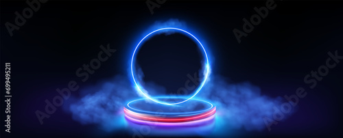 Futuristic Glowing Neon Ring Smoke Effects on Dark Background for Technology Concept. Magic futuristic surreal game portal with haze. Empty blue podium floating in the air blue neon ring on background