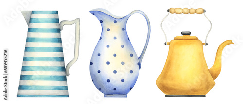 Watercolor set of dishes. Vintage striped and polka dotted jugs and a metal yellow teapot. Vintage kitchen utensils. Isolated illustrations on white background