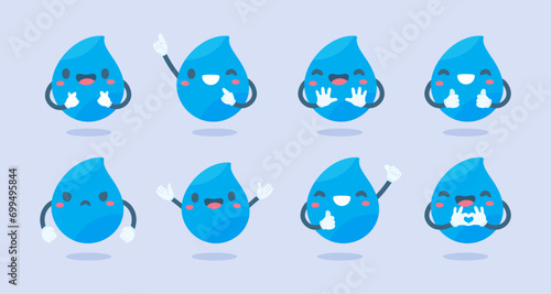 Cute water drop cartoon characters in various poses Providing knowledge to reduce water use