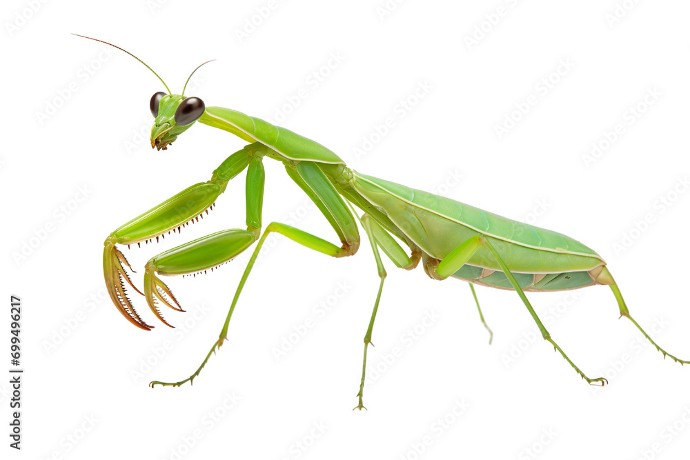 Top side closeup macro view of beautiful praying mantis isolated on white background PNG Top side closeup macro view of beautiful praying mantis isolated on white background PNG