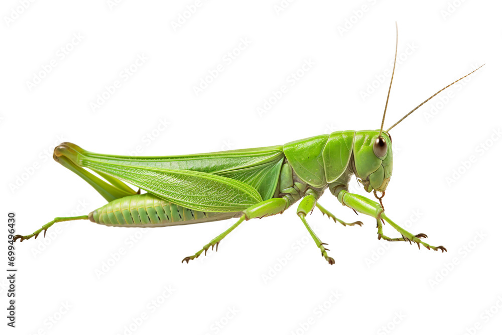 Top side closeup macro view of beautiful Grasshopper isolated on white background PNG - obrazy, fototapety, plakaty 