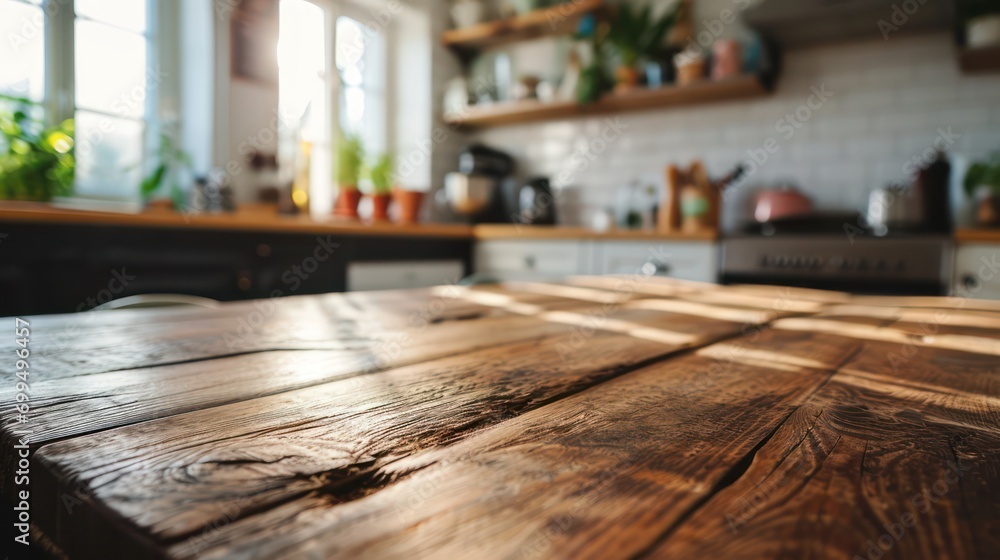 Product display setup on an empty wooden table with a kitchen background.