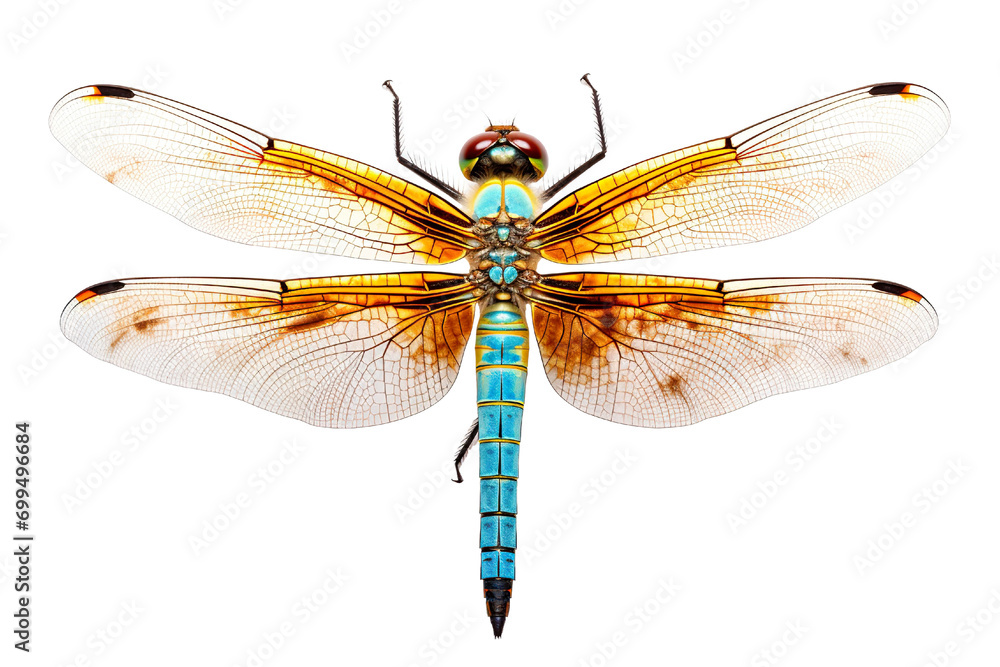 Top side closeup macro view of beautiful dragonfly isolated on white background PNG - obrazy, fototapety, plakaty 