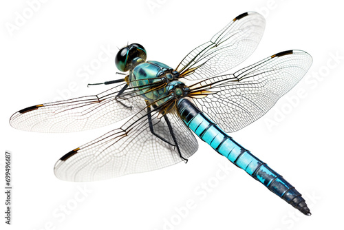 Top side closeup macro view of beautiful dragonfly isolated on white background PNG © JetHuynh