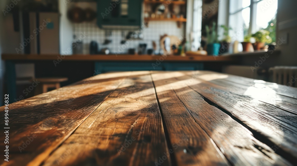 Wooden table with no items, with a kitchen backdrop, perfect for showcasing products. Wooden table with no items, with a kitchen backdrop, perfect for showcasing products.