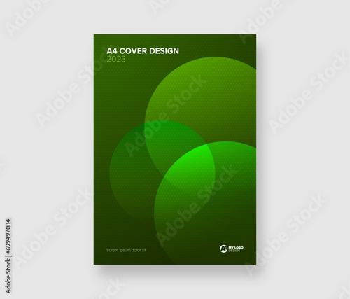 Geometric vector cover design A4 template. Gradient Green Background. Transparent geometric circles. Suitable for Brochures, catalogues, posters and visual communication